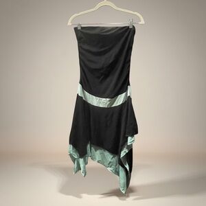 Y2k Black Strapless Asymmetrical Dress with Mint Trim